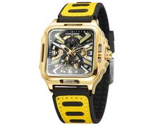 FORSINING Orologio da polso da uomo, in acciaio inox, automatico, con scheletro, quadrato, in silicone, stile retrò, Oro