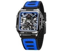 FORSINING Orologio da polso da uomo, in acciaio inox, automatico, con scheletro, quadrato, in silicone, stile retrò, Blu