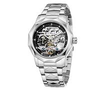 FORSINING Orologio da polso da uomo, movimento automatico, dodecagonale, in acciaio inox, quadrante scheletrato, carica automatica, tourbillon, 04-Argento e Nero, classico