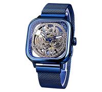 FORSINING Orologio da polso meccanico automatico, dorato, per uomo, con quadrante trasparente in acciaio inox, con movimento a fiore reale intagliato, Blu, Meccanico