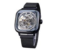 FORSINING Orologio da polso meccanico automatico, dorato, per uomo, con quadrante trasparente in acciaio inox, con movimento a fiore reale intagliato, Nero, Moderno