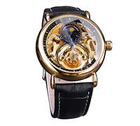 FORSINING Orologio da uomo a carica automatica con cinturino in silicone nero scheletro retrò fase lunare grande quadrante meccanico, Nero , cordino