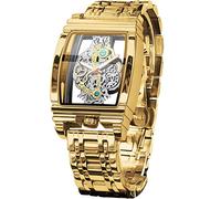 FORSINING Orologio da uomo di lusso a scheletro cavo retrò splendido ingranaggio intaglio design rettangolare Tonneau quadrante grande cinturino in pelle e cinturino in acciaio inossidabile orologio