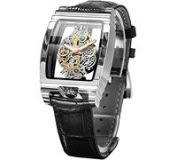 FORSINING Orologio da uomo di lusso a scheletro cavo retrò splendido ingranaggio intaglio design rettangolare Tonneau quadrante grande cinturino in pelle e cinturino in acciaio inossidabile orologio