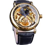 FORSINING Orologio da uomo di lusso con fasi lunari e Tourbillon, orologio da polso meccanico con scheletro retrò cavo, cinturino in pelle movimento automatico da uomo, Oro nero, Meccanico