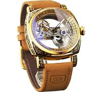 FORSINING Orologio da uomo di lusso con intaglio quadrato meccanico, Totem retrò a doppio lato, scheletro cavo a carica automatica, orologio da polso vintage con cinturino in pelle, Oro, Meccanico