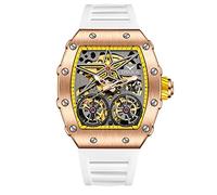 FORSINING Orologio da Uomo, Forma Tonneau Scheletrato Meccanico Automatico Orologio da Polso Quadrante Grande Moda Business Elegante Orologi Cinturino in Silicone, Bianco e giallo., Cinturino