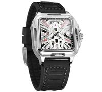 FORSINING Orologio da uomo in acciaio inossidabile automatico a carica automatica con scheletro retrò quadrato cinturino in silicone nero argento