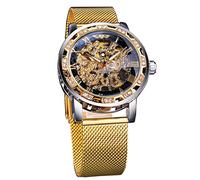 FORSINING Orologio meccanico a scheletro manuale retrò con diamante e intaglio fiore artigianato uomo scheletro orologio da polso meccanico classico numero romano, Oro