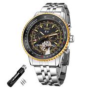 FORSINING Orologio meccanico automatico con quadrante blu a carica automatica, design scheletrato, tourbillon, alla moda, da uomo, con data e giorno, regalo, Nero-1, Orologio automatico,Meccanico