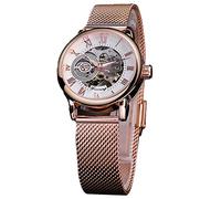 FORSINING Orologio meccanico automatico da donna, lusso, quadrante scheletrato dorato, cinturino in rete in acciaio inossidabile, numeri romani, orologio a carica automatica, Oro rosa, Bracciale
