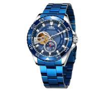 FORSINING Orologio meccanico da uomo con quadrante scheletrato, automatico, a carica automatica, in acciaio inox, impermeabile, alla moda, Blu, Bracciale