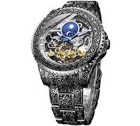 Forsining Orologio retrò per gli uomini intagliato a carica automatica tatuaggio meccanico Tourbillon fase lunare secondi indipendenti scheletro automatico grande quadrante orologi da polso, Argento