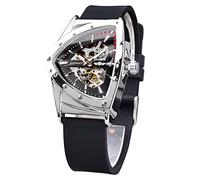 FORSINING Orologio scheletrato da uomo, meccanico automatico con quadrante triangolare, orologio luminoso a carica automatica, cinturino in acciaio inossidabile o cinturino in silicone morbido, Nero