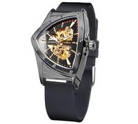 FORSINING Orologio scheletrico da uomo, orologio meccanico automatico con quadrante triangolare luminoso, a carica automatica, cinturino in acciaio inox o cinturino in silicone morbido, nero / giallo