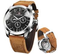 FORSINING Orologio sportivo trasparente da uomo, cinturino in vera pelle di lusso alla moda automatico meccanico scheletro orologio da uomo, nero
