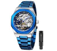 FORSINING Orologio vintage da uomo, con incisione, automatico, a carica automatica, con grande quadrante luminoso con fasi lunari dorate, motivo tatuaggio cavo, meccanico, orologio da polso, Blu 2