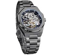 FORSINING Orologio vintage da uomo, con incisione, automatico, a carica automatica, con grande quadrante luminoso con fasi lunari dorate, motivo tatuaggio cavo, meccanico, orologio da polso, nero