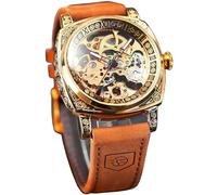 Forsining Quadrato di lusso retrò orologio meccanico per gli uomini, splendido scheletro vuoto auto-vento intagliato orologi automatici vintage cinturino in pelle orologio da polso