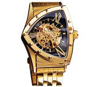 FORSINING Triangolo scheletro automatico orologio meccanico da uomo di lusso oro nero in acciaio inox orologi impermeabile luminoso sport orologio da polso, Rotondo oro nero