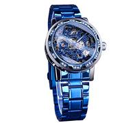 FORSINING Vincitore orologio con scheletro meccanico manuale retrò con diamante e intaglio floreale artigianale uomo scheletro orologio da polso meccanico classico numero romano, Blu, Retrò