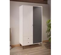 Forte Armadio HARLLSON EasyKlix Bianco con Grigio Tungsteno, 2 Ante, 2 Cassetti, Ripiani e Asta Appendiabiti, Gambe Alte in Legno, Maniglie in Legno, 105x202x52 cm