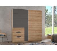 Forte Armadio INVERELL 200, Guardaroba, Ante Scorrevoli Stile Industriale Camera da Letto 2 Ante con 3 Cassetti, Decoro Legno: Rovere Riviera/Grigio Tungsteno, 200x210x61 cm
