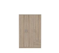 Forte Armadio NIKO 120 130, Guardaroba, Ante Battenti Scandinavo, 3 Ante con 2 Cassetti, Ripiani e Asta Appendiabiti, Rovere Sonoma, 123x185x53 cm