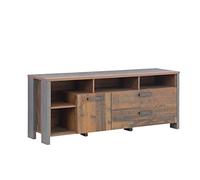 FORTE Clif Mobile Base TV con 1 anta e 2 cassetti, in legno derivato, stile vintage Old Wood, finitura effetto cemento, grigio scuro, 161 x 63,9 x 41,6 cm