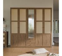Forte GLENKEEN Armadio 230, grande armadio in stile bohémien con 5 ante e 2 cassetti, specchio, rovere Valencia, decorazione in legno | rattan naturale, larghezza 223,4 cm x altezza 212,7 cm x