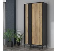 Forte JOAKIMIS - Armadio 92 a 2 ante con dettagli a lamelle e ripiani, in legno di quercia/nero, larghezza 92 cm, altezza 198,2 cm, profondità 52,2 cm