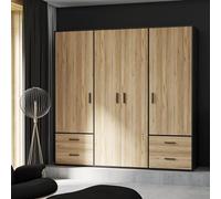 Forte Jupiter Armadio 200 210, armadio, armadio con ante battenti, 4 ante, con 4 cassetti e ripiani, nero con decorazione legno: rovere Catania, 206 cm larghezza x 53 cm profondità x 200 cm altezza