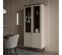 Forte LACETTI Vetrina 90, moderna vetrina per soggiorno con angoli arrotondati, 2 ante, in legno di cashmere, beige con rovere Valencia, decorazione in legno, 90,1 cm di larghezza x 200,5 cm di