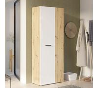 FORTE NET106 - Armadio 70 180, multiuso, per aspirapolvere, ripostiglio, con ante girevoli, 2 ante con ripiani, colore: Bianco/Legno Rovere Artisan, 68,7 cm di larghezza x 181,1 cm di altezza x 36,5