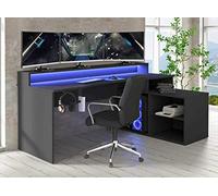Forte TEZAUR Scrivania da computer, tavolo da gaming con illuminazione a LED-e mensole, materiale a base di legno, nero, L x A x P: 200 x 91,1 x 125,4 cm