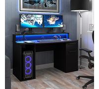 Forte Tezaur Scrivania da gaming con 1 anta e 1 cassetto, illuminazione RGB inclusa, materiale a base di legno, nero opaco, L x A x P: 140 x 91 x 65 cm