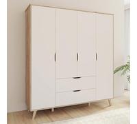 Forte VANKKA Armadio 185, moderno con 4 ante girevoli e 2 cassetti, gambe in filigrana, legno di quercia planked | bianco, 184,1 cm di larghezza x 201,5 cm di altezza x 52,7 cm di profondità