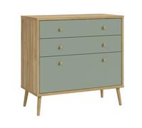 FORTE WHENUA Mid-Century Modern Comò 90 con 3 cassetti, credenza in legno di quercia Mauvella, decorazione in legno, colore: salvia, 88,8 cm di larghezza x 86,3 cm di altezza x 41,5 cm di profondità