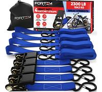 FORTEM Cinghie a Cricchetto, Resistenza fino a 1043 Kg, Set da 4 Cinghie di Fissaggio da 4,57 m, 4 Maniglie Morbide, Cinghie Fissaggio per Moto, Ganci in Metallo Rivestiti, Custodia Inclusa (Blu)