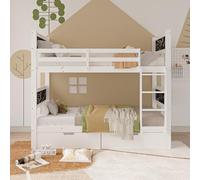 fortuna Lai Letto a castello 90 x 200 cm per 2 bambini, letto a soppalco con scala e 2 cassetti, doodle board, letto in legno con griglia, protezione anti-caduta e rete a doghe in legno massello