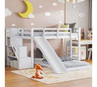 fortuna Lai Letto a castello 90 x 200 cm, per 2 bambini, letto a soppalco con scale, scivolo, letto in legno con griglia, protezione anti-caduta e rete a doghe in legno massello, bianco (90 x 200 cm-C