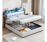 fortuna Lai Letto baule 160 x 200 cm, letto matrimoniale imbottito con testiera portaoggetti con luce LED e caricatore wireless da comodino, telaio del letto con stoccaggio, beige, flanella (160 x 200