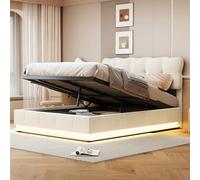 fortuna Lai Letto imbottito 160 x 200 cm con LED, rete a doghe in metallo e cassettone, letto funzionale con testiera imbottita e spazio di archiviazione idraulico, beige (160 x 200 cm)