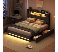 fortuna Lai Letto imbottito 160 x 200 cm con porta LED e USB, letto matrimoniale con 4 cassetti, struttura del letto con rete a doghe, testiera con rete di stoccaggio, letto per ragazzi, tessuto di