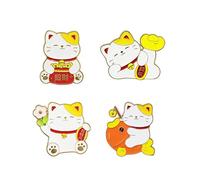 Fortune & Happiness Maneki Neko - Spille smaltate a forma di gatto fortunato, 4 pezzi, spille da bavero in lega per buona fortuna, benedizione e prosperità - Ideale come regalo di compleanno