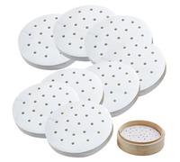 FortuneGlobe 100 fogli di carta perforata da 22 cm in bambù per cottura a vapore e vapore, 8.5 pollici di carta pergamena antiaderente come dim sum, carta friggitrice ad aria (100pcs 22cm)