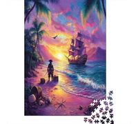 Forziere del tesoro, conchiglie, stelle marine Pirata che impugna una spada sulla spiaggia e guarda la barca 38x26cm/1000pcs Puzzle Adatto Per Adulti E Folla Dai 14 Anni in Su