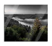 Foschia sul fiume all'alba B&W Details, pannello di copertura per fornelli e paraspruzzi in vero vetro, 60 x 52 cm