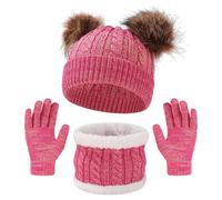 FOSDICK 3 Pezzi Set Cappello Sciarpa Guanti per Bambine 2-4 Anni Inverno Maglina Antivento Caldo con Pompon Tessuto Poliestere Rosa Rosato