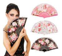 FOSDICK 3 Pezzi Ventaglio da Borsetta, Fiori Ventaglio Pieghevole, Ventagli Pieghevoli a Mano per la Danza Cosplay Matrimonio Rosso, 43x23cm (Nero, Bianco, Rose)